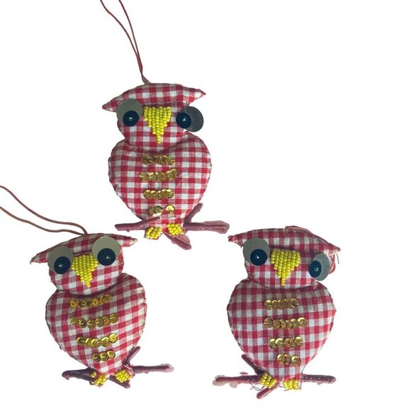 Vintage Handmade Gingham Owl Ornaments Set of 3 Sequins Beads Red White Gingham - Picture 1 of 5
